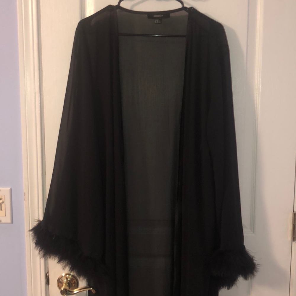 Sheer Floor Length Robe With Feathers